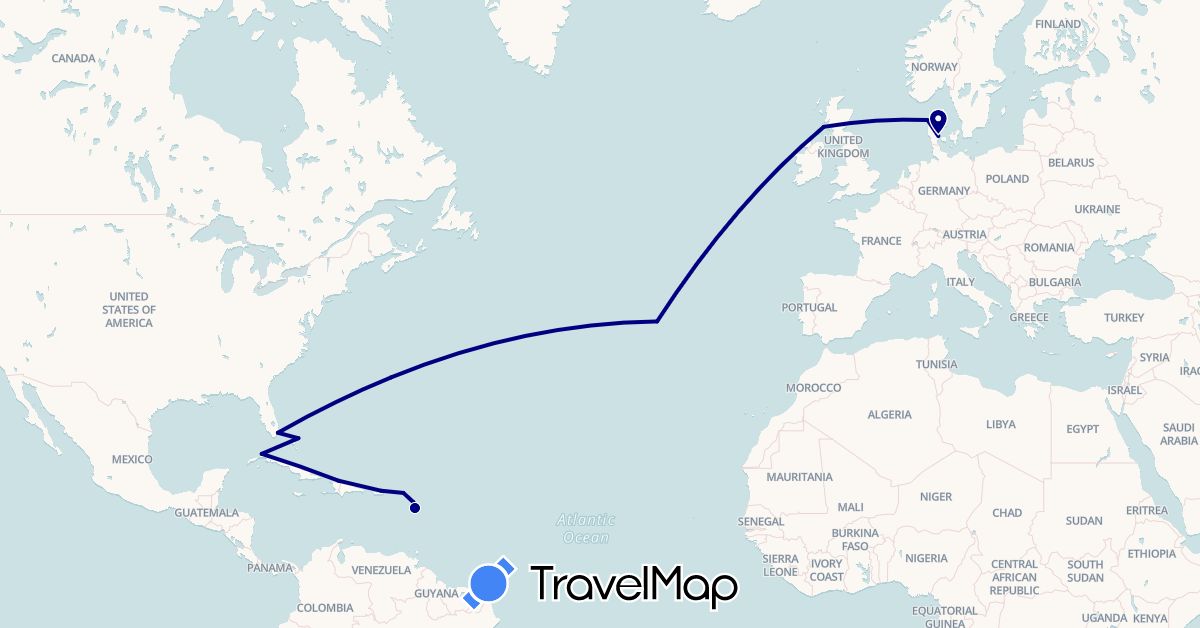 TravelMap itinerary: driving in Antigua and Barbuda, Anguilla, Bermuda, Bahamas, Cuba, Denmark, France, Haiti, Portugal, United States (Europe, North America)